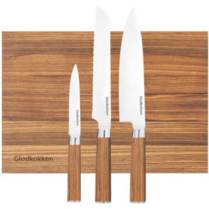 3 kniver + skjærebrett i sebratre